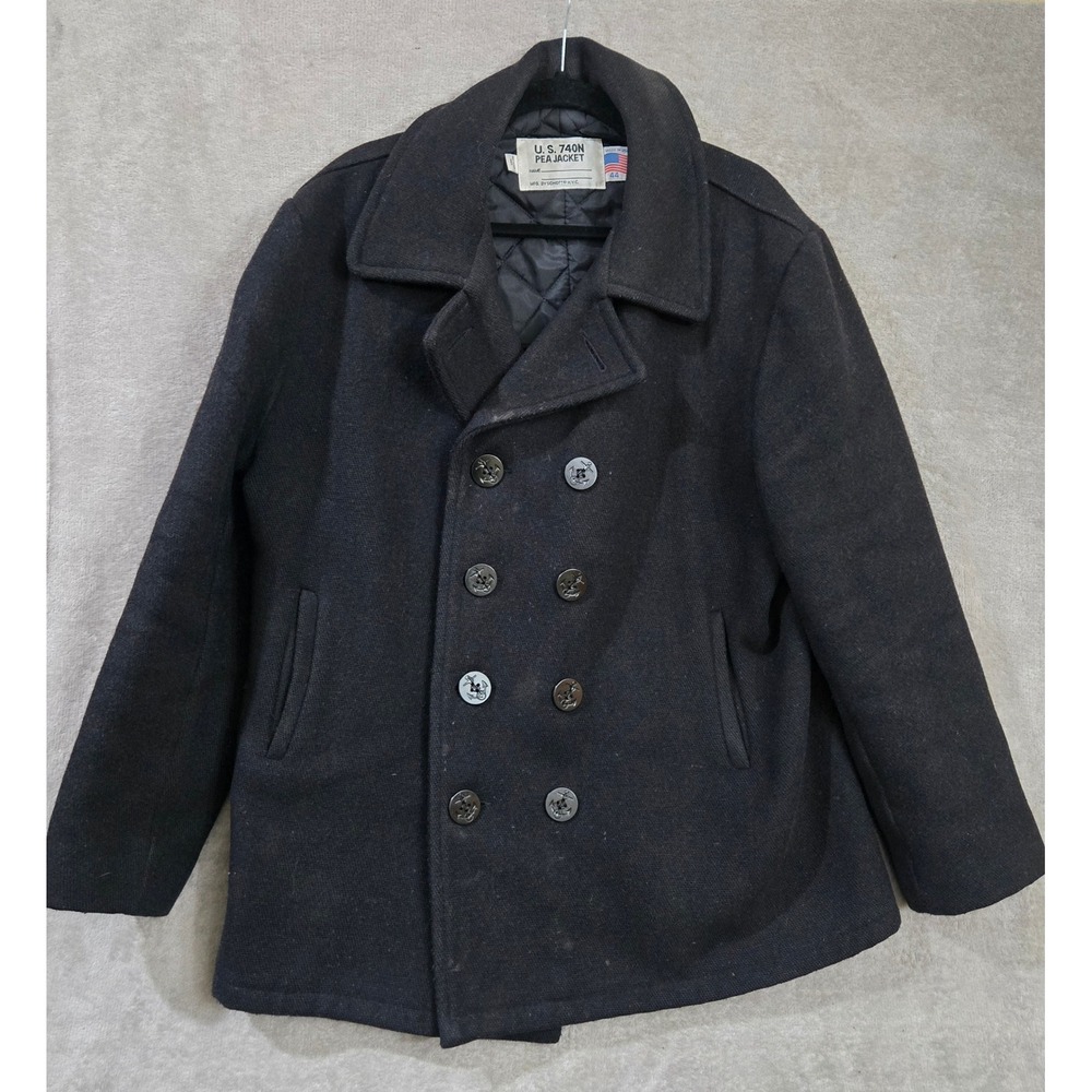 US Navy Peacoat 740N Mens 44 Wool Military Nautical Anchor USA Heavyweight Blue